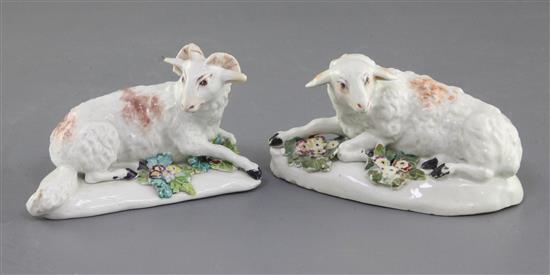 A matched pair of Derby figures of a ram and a ewe, c.1760-5, l. 11.8cm and 12.2cm, slight restoration